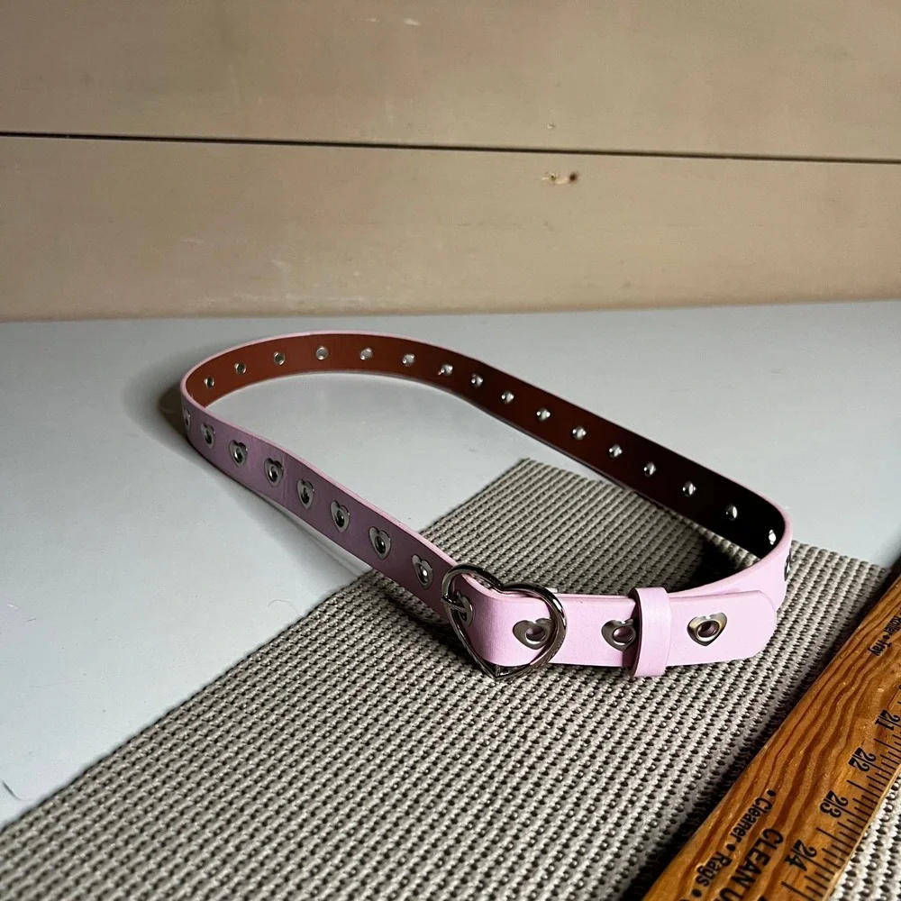 Pink Heart Buckle Belt Silver Heart Grommets Y2K Coquette Faux Leather 40 Inch